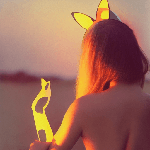 AI generated: photo polaroid, girl with cat ears, nude, sunset,neon light, perfect tit, tiny build, teen
