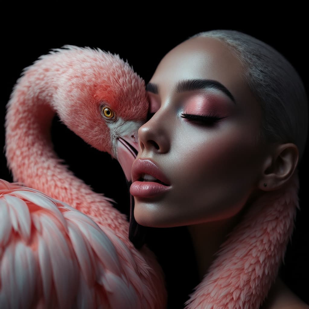 AI generated: Hyperrealistic fashion editorial portrait. Mid shot. A stunning woman's face is wrapped by a pink fl...