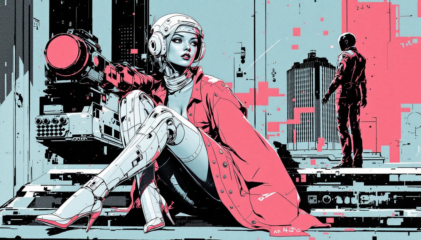 AI generated: Young beautiful female cyborg with mechanical legs, artwork by Marc Davis, halftone pin-up art by Al...