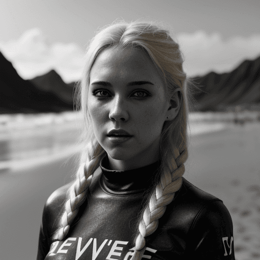 AI generated: girl with blond hair in black and a white, in the style of eve ventrue, vacation dadcore, photo-real...