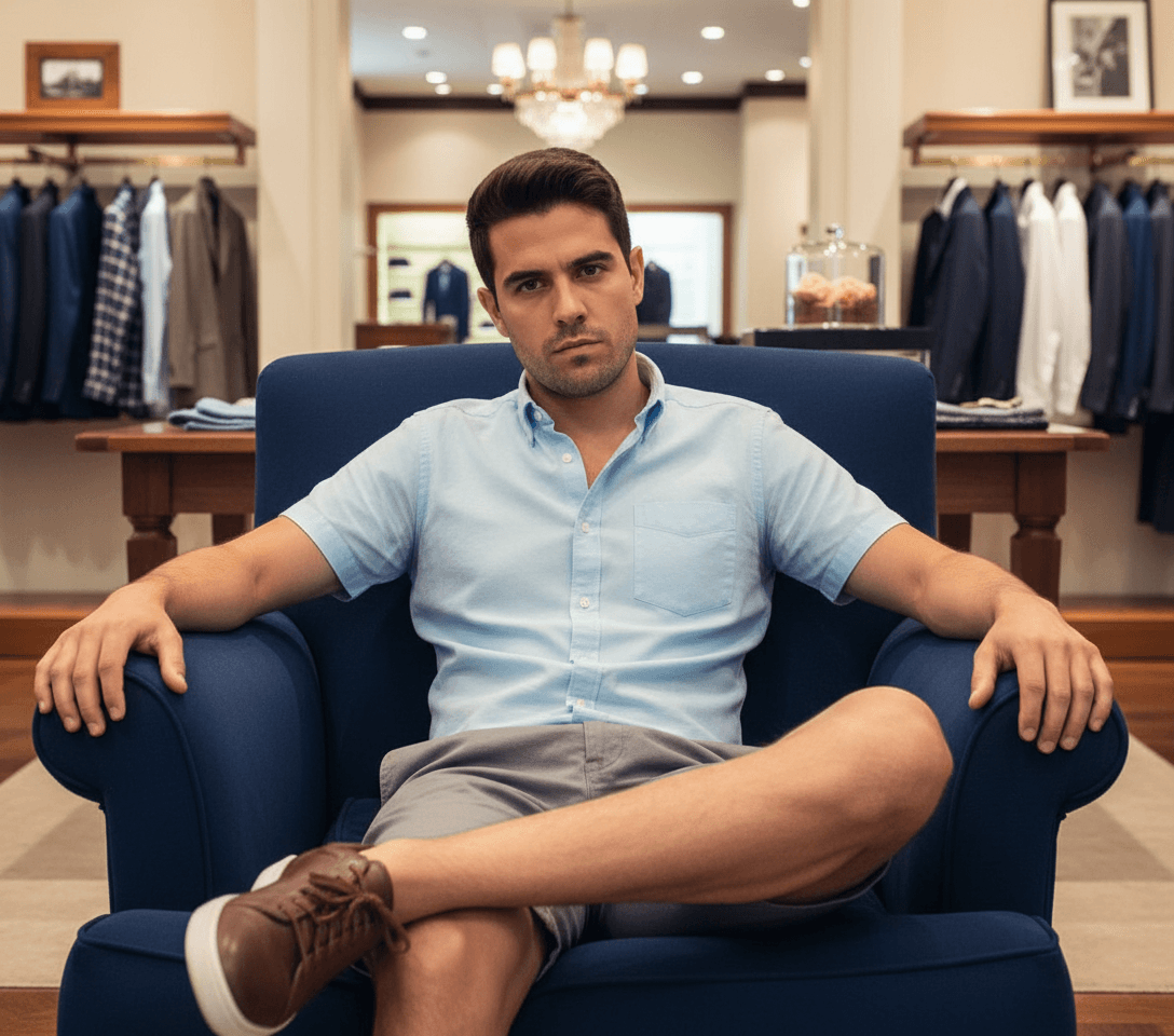AI generated: At a very luxurious men's clothing store. The Hispanic male is slender, he is 5 feet tall, he is wea...