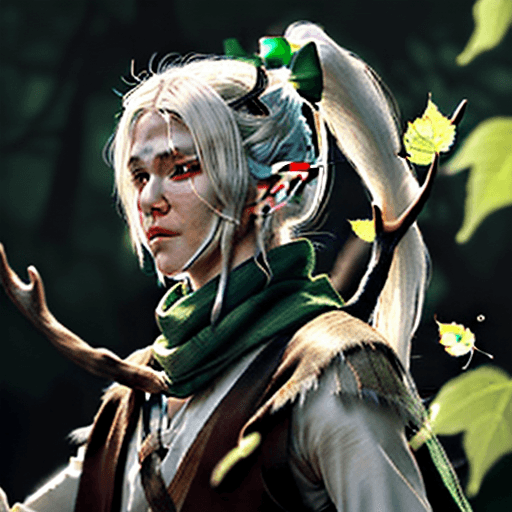 AI generated: Elf male character with long white hairs tied in a ponytail. Scarf made of leaves and short antlers....