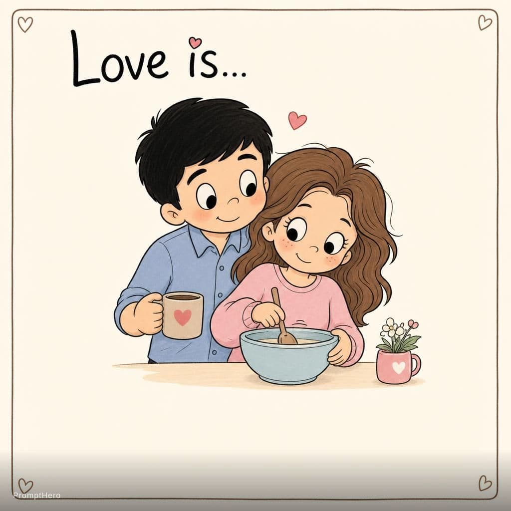 AI generated: An illustration in the classic 'Love is...' card style. A vertical, rectangular digital art piece wi...