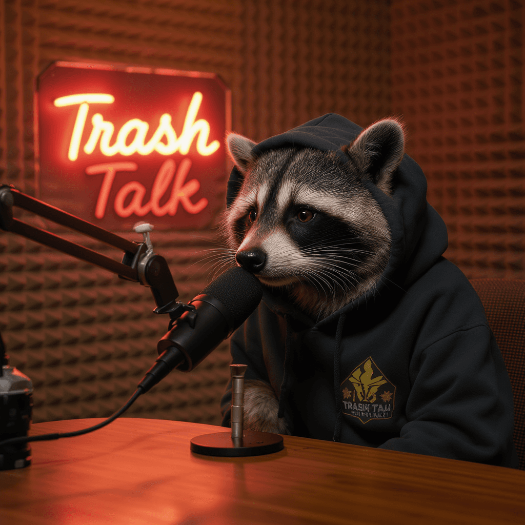 AI generated: ultra-realistic raccoon in a podcast booth, hoodie on, leaning toward a podcast microphone, low warm...