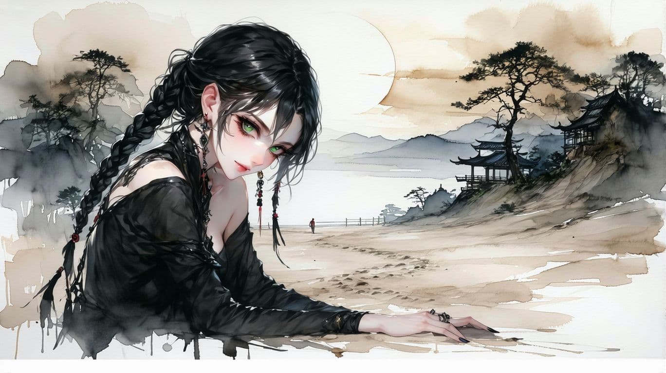 AI generated: anime full body Symbolist ink wash painting of a 24-year-old Yao-Greek female edgy rocker girl with ...