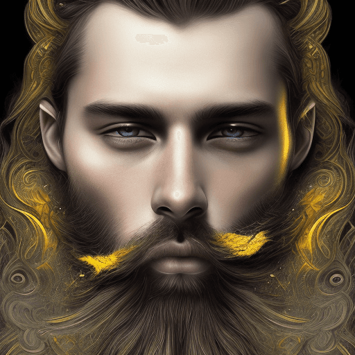 AI generated: epic digital portrait of a bearded man, in the style of black and yellow, cracked, intricate details...