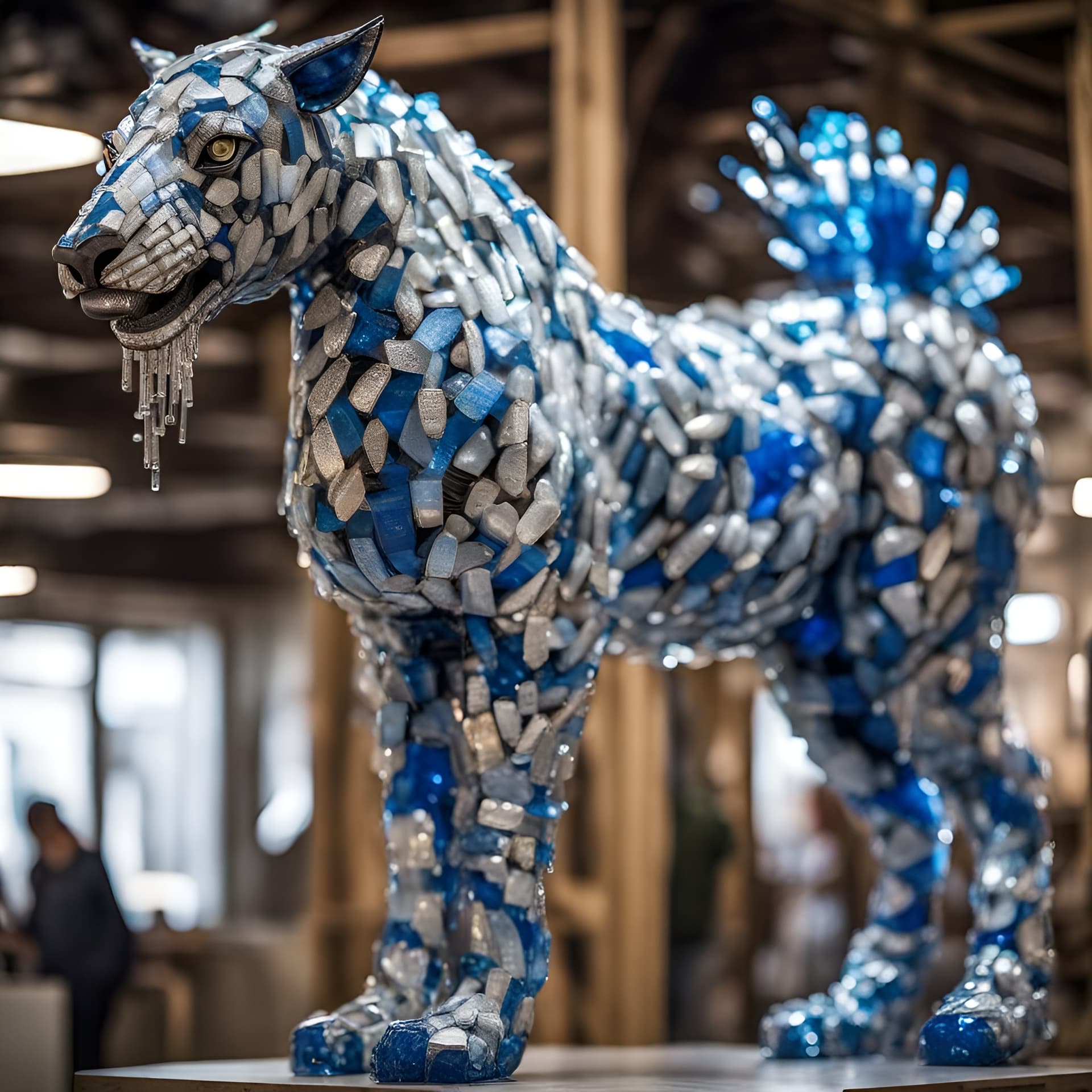 AI generated: Sculpt a life-sized animal using discarded plastic bottles and metal scraps, highlighting it's beaut...