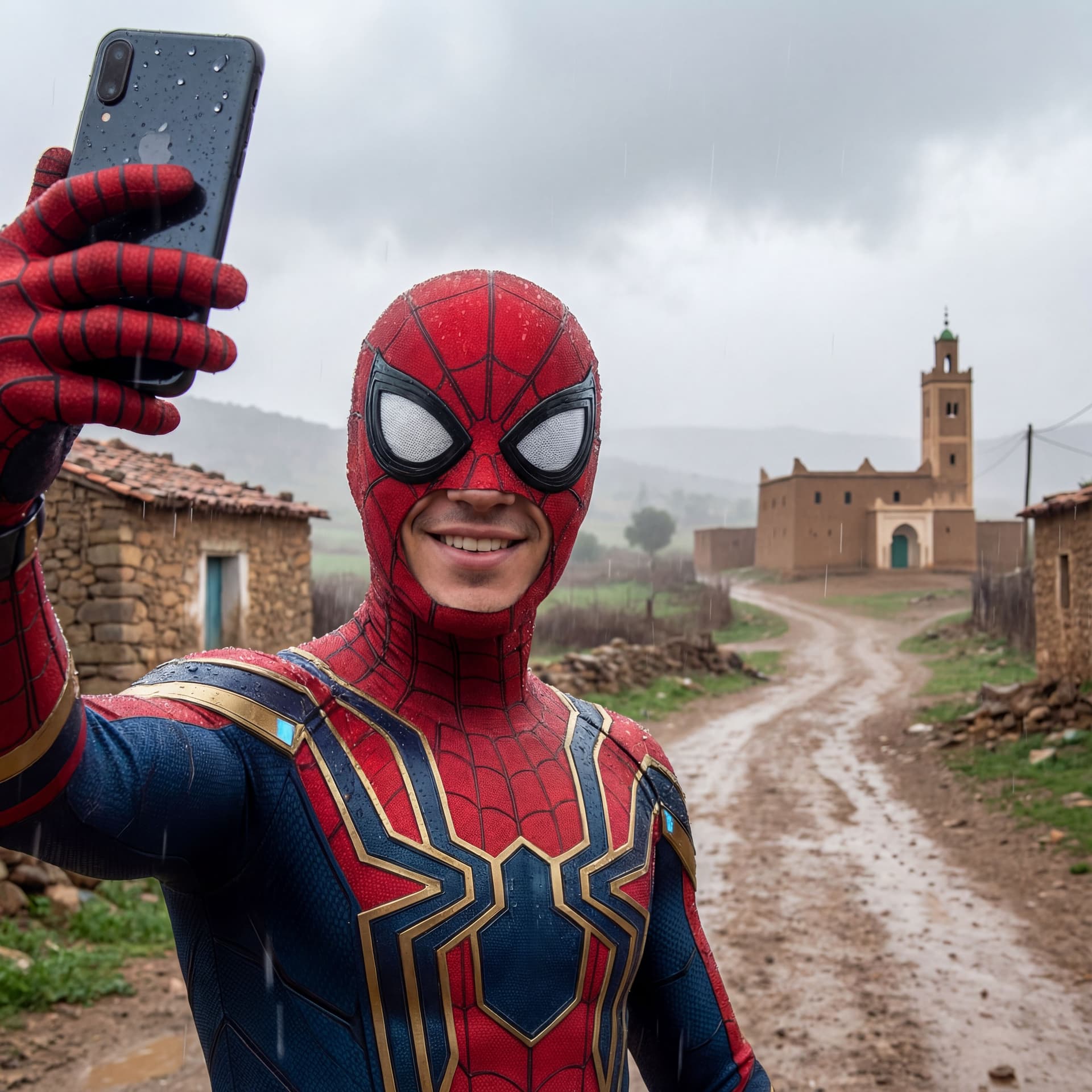 AI generated: Spider-Man from infinity war taking selfie in a rural area like Algeria , weather cloudy and raining...