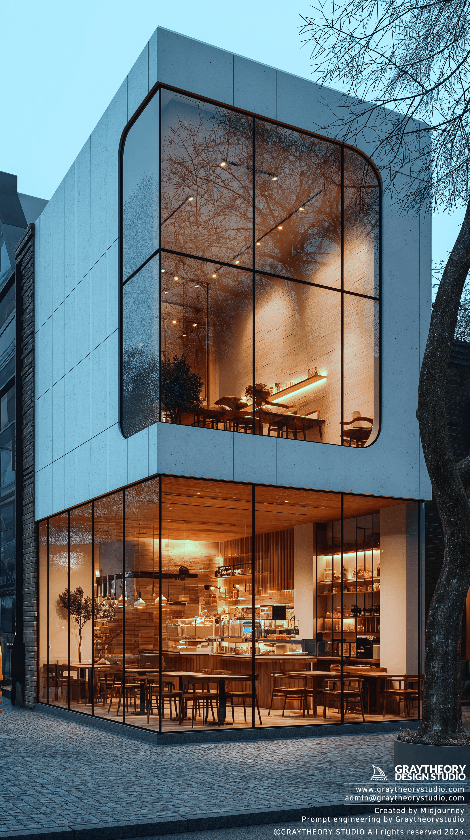 AI generated: café facade with a matt white glass, shot with a Canon EOS R, 28mm f/1.8 lens, capturing the crisp m...
