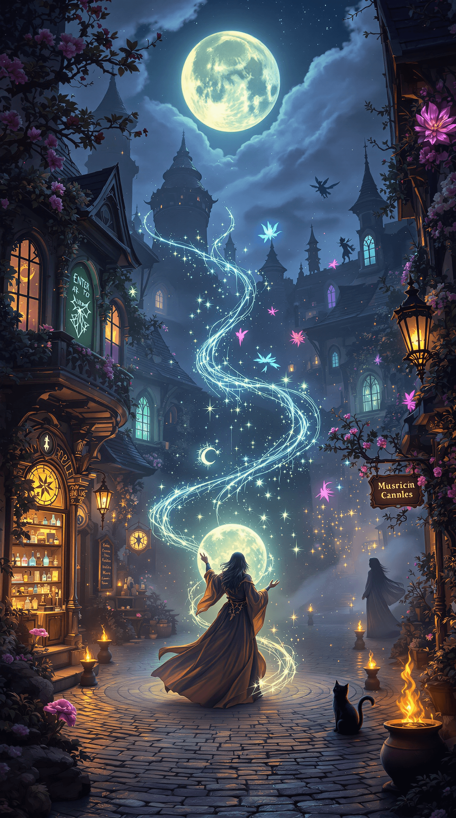 AI generated: A **breathtaking, cinematic depiction** of a **mystical, moonlit world teeming with ancient and arca...