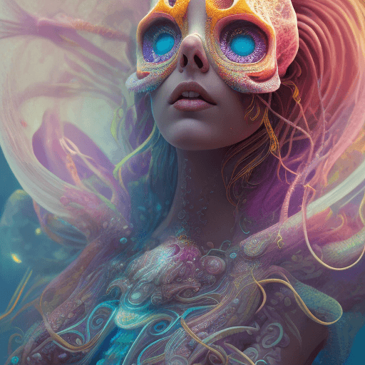 AI generated: Goddess close-up portrait ribcagel. jellyfish phoenix head, nautilus, orchid, skull, betta fish, bio...