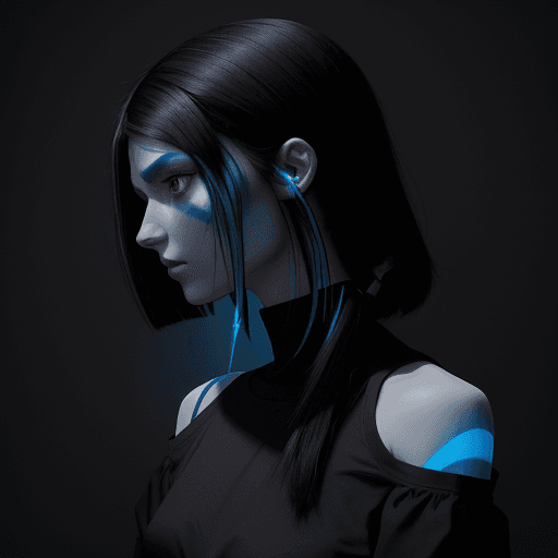 AI generated: Avatar of woman’s head with shoulder length black hair wearing black shirt with a glowing blue strip...