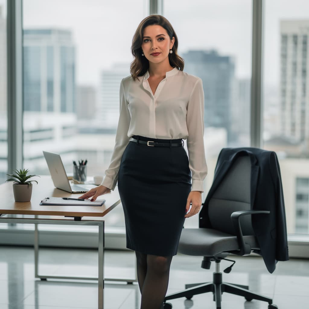 AI generated: a sexy secretary in micro skirt, stockings, garters, bra with clevage
