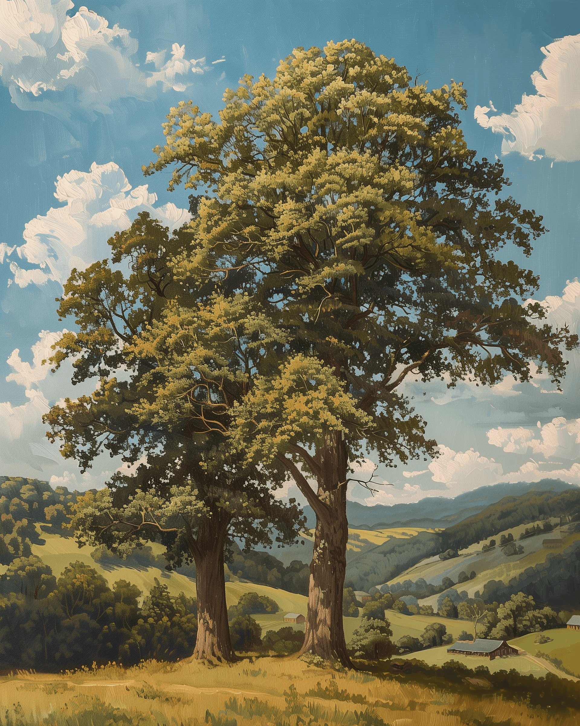 AI generated: Clyde Sbariledge's painting depicting two large trees upon the rolling hills of West Virginia, the s...