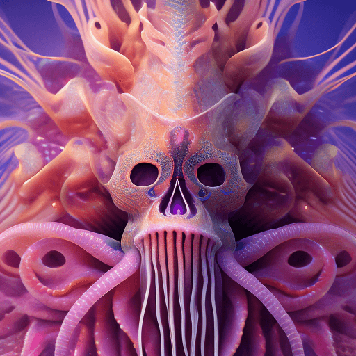 AI generated: Goddess close-up portrait ribcagel. jellyfish phoenix head, nautilus, orchid, skull, betta fish, bio...