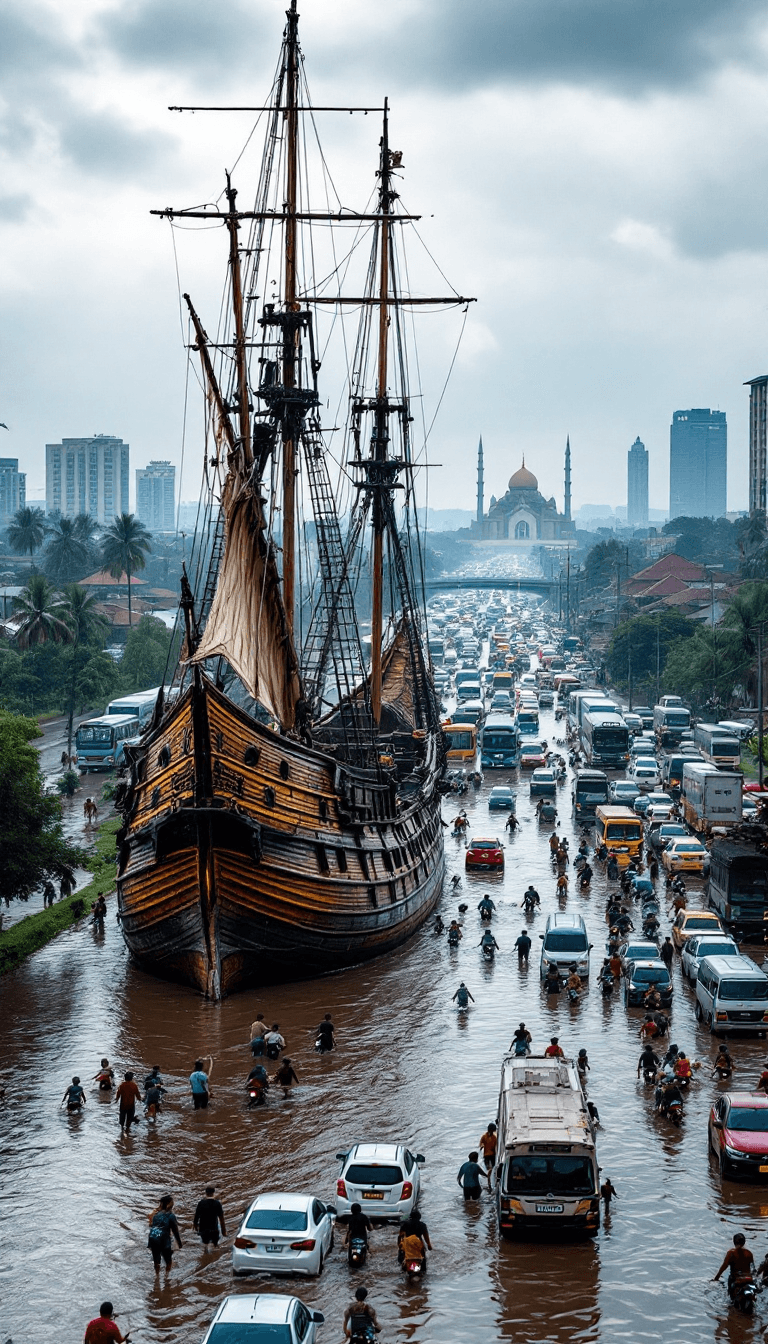 AI generated: create a very realistic medium shot of a major flood that occurred on a highway in Makassar, Indones...