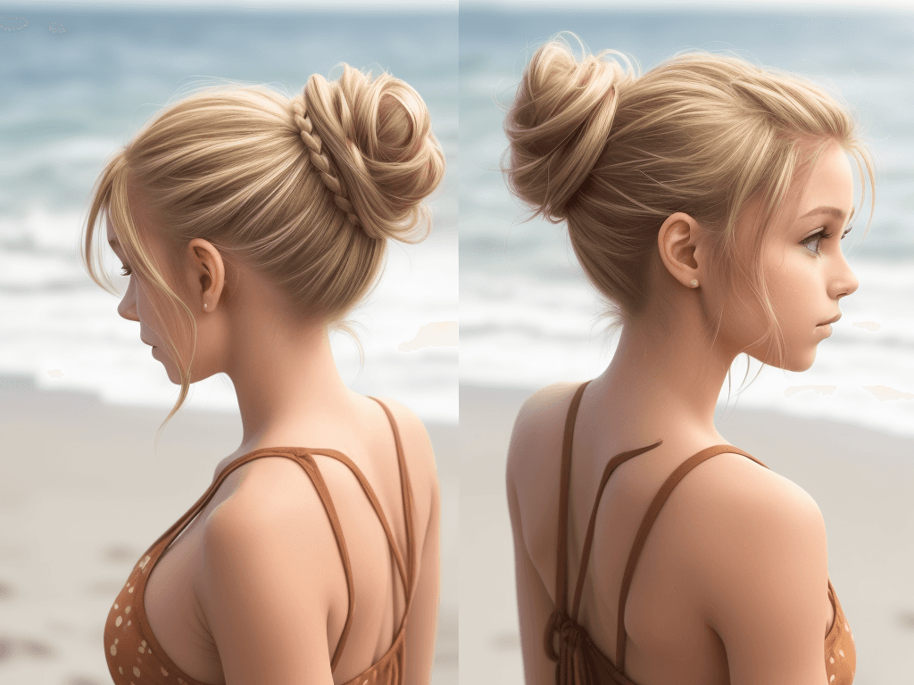 AI generated: A beatiful girl, messy bun brown with blonde highlights hairstyle, casually standing, beach outdoor ...