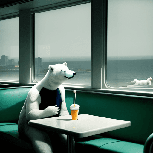 AI generated: Hyper realistic eye level exterior pa lonely and depressed polar bear wearing a baseball cap eating ...