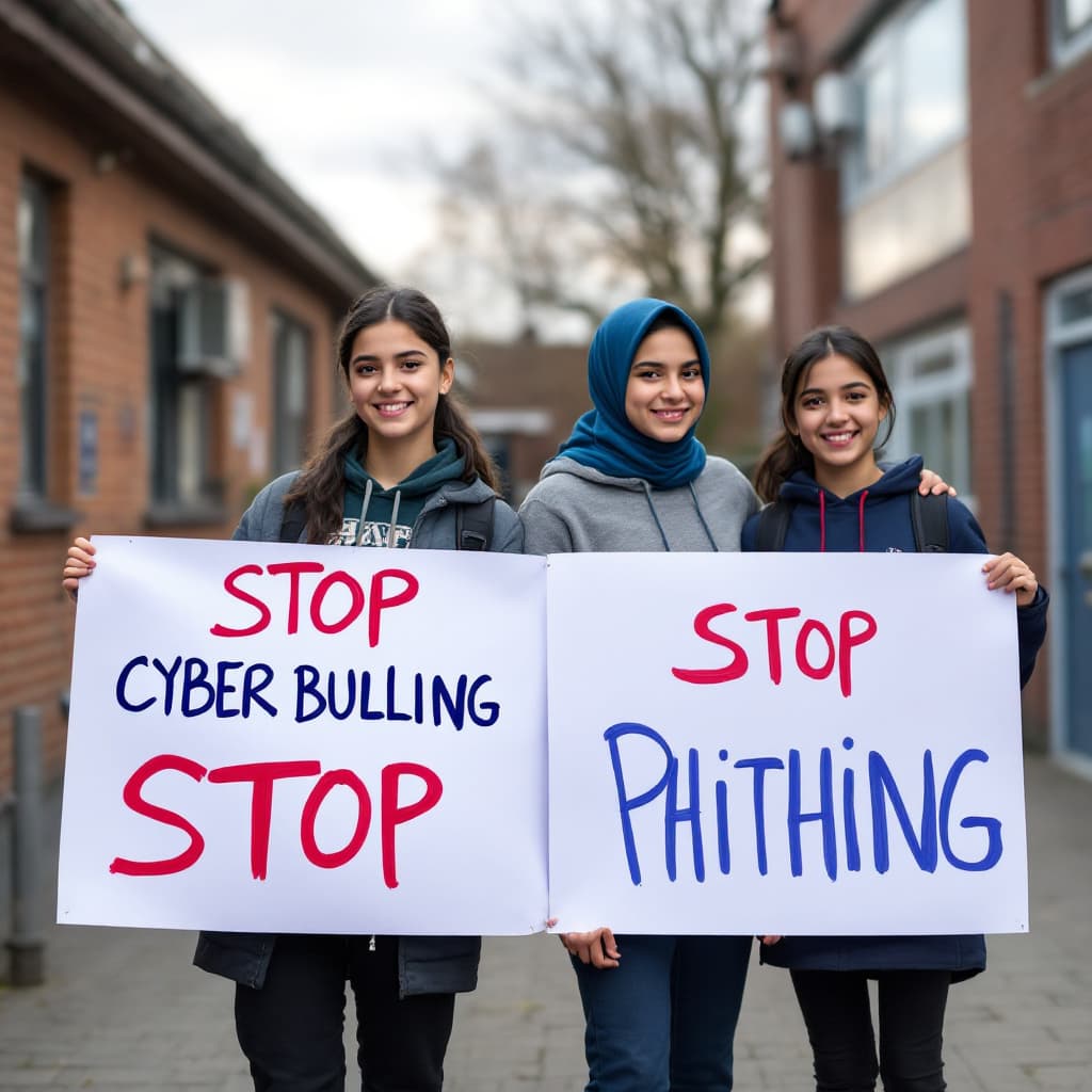AI generated: four students 15 years old in their school yard, two of them say stop cyber bulling and the other tw...