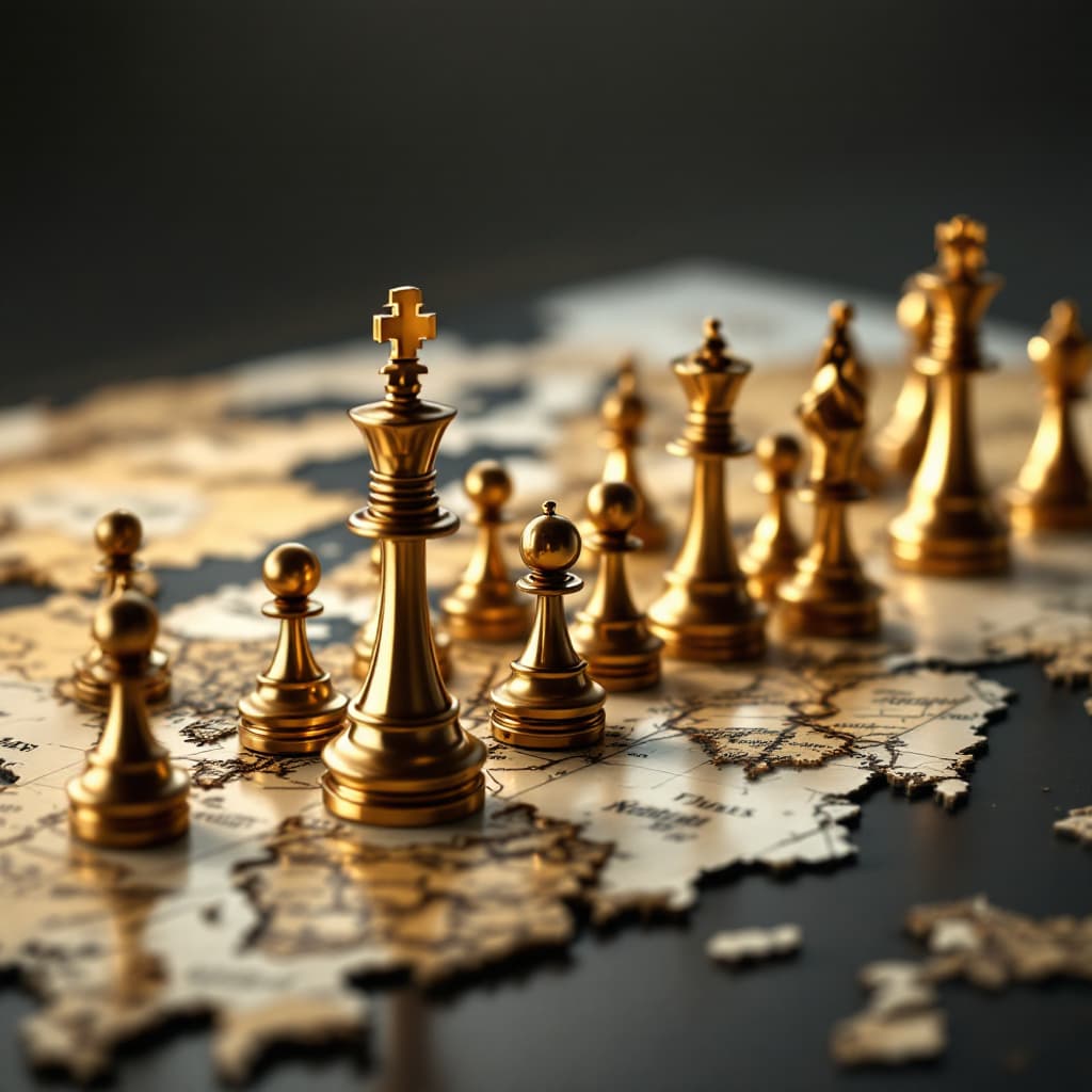 AI generated: a cinematic photograph of intricately designed golden chess pieces strategically positioned on a ric...