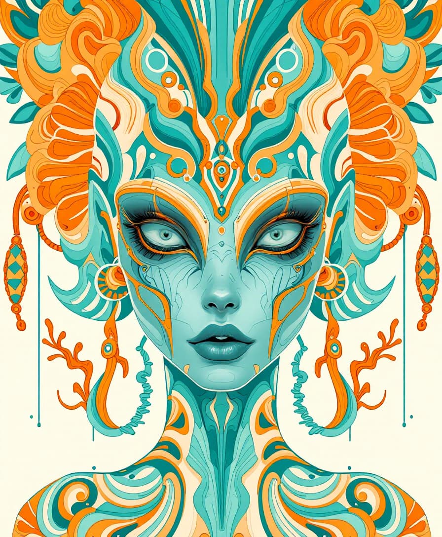 AI generated: alien art and illustration, in the style of balanced symmetry, light orange and cyan, detailed facia...