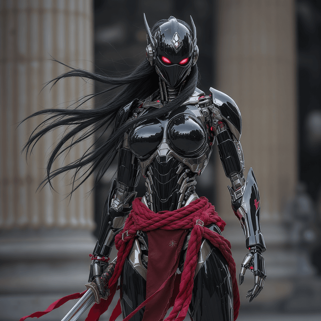 AI generated: Full body view a highly detailed and stylized depiction of a ((humanoid woman ninja warrior robot)) ...