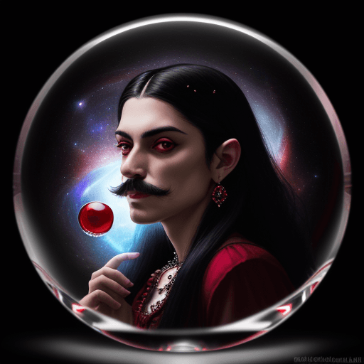 AI generated: vampire Gypsy with thin moustache and red shirt , Crystal ball , hyperrealistic 50mm photograph of m...