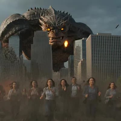 AI generated video: Create a highly cinematic and ultra-realistic short video where a gigantic giant monster suddenly ap...