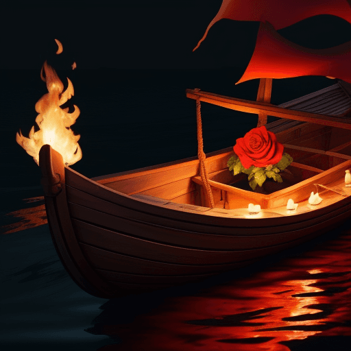 AI generated: a rose in a wooden boat floating in fire
