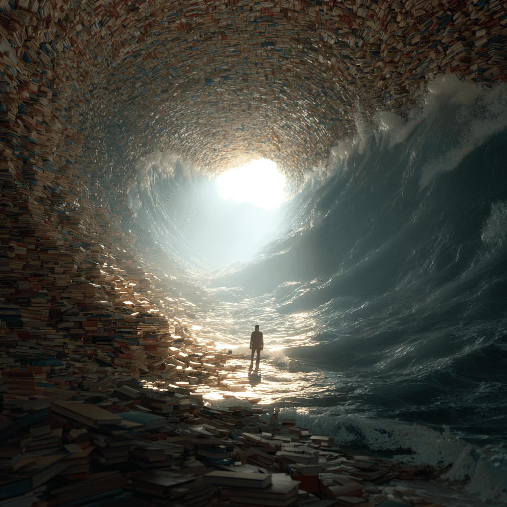 AI generated: a big tunnel of books, sunrays, ocean waves, silhouet of a man, learn to love--v 7.0 --raw