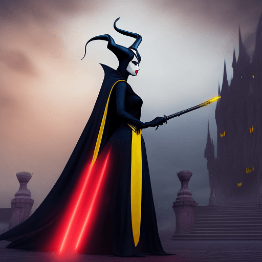 AI generated: spell motion capture of Maleficent disney character, a real beautiful elegance woman with glowing ye...