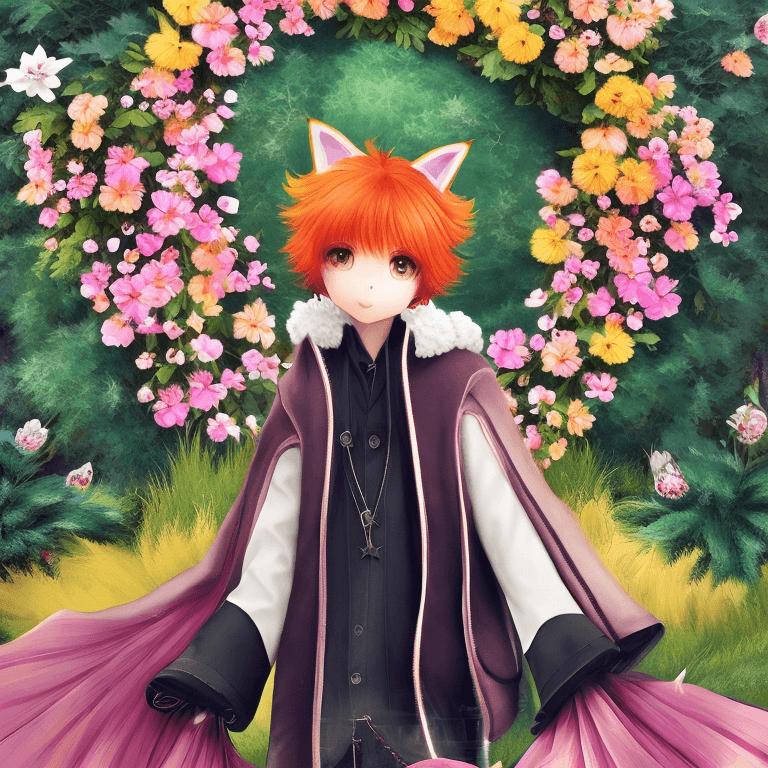 AI generated: masterpiece, best quality, 1boy, male focus, orange hair, pink coat, fox ears, black hair, green hai...