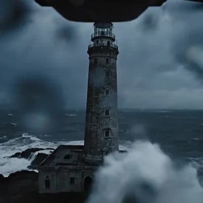 AI generated video: POV as if you are the drone, flying through a violent storm above a lighthouse. The camera tilts and...
