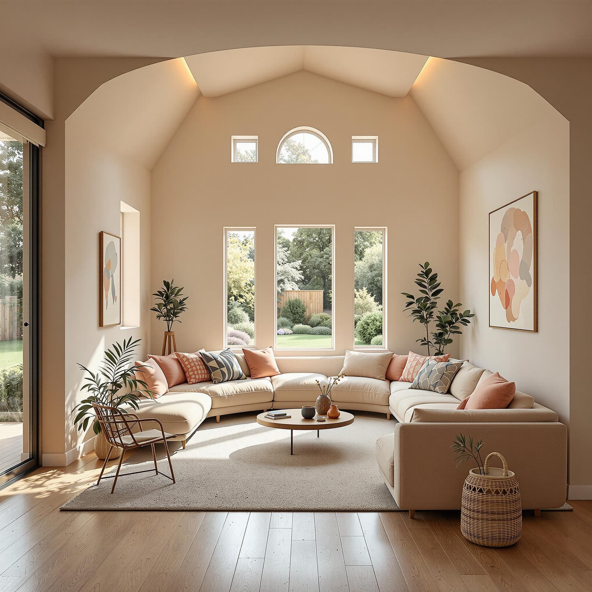 AI generated: High resolution photography interior design, dreamy sunken living room conversation pit, wooden floo...