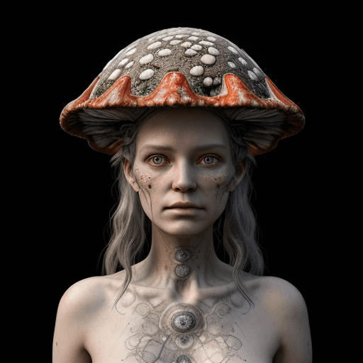 AI generated: an ancient amanita muscaria mushroom which shows people their death in Baroque, Rococo, Surrealism, ...