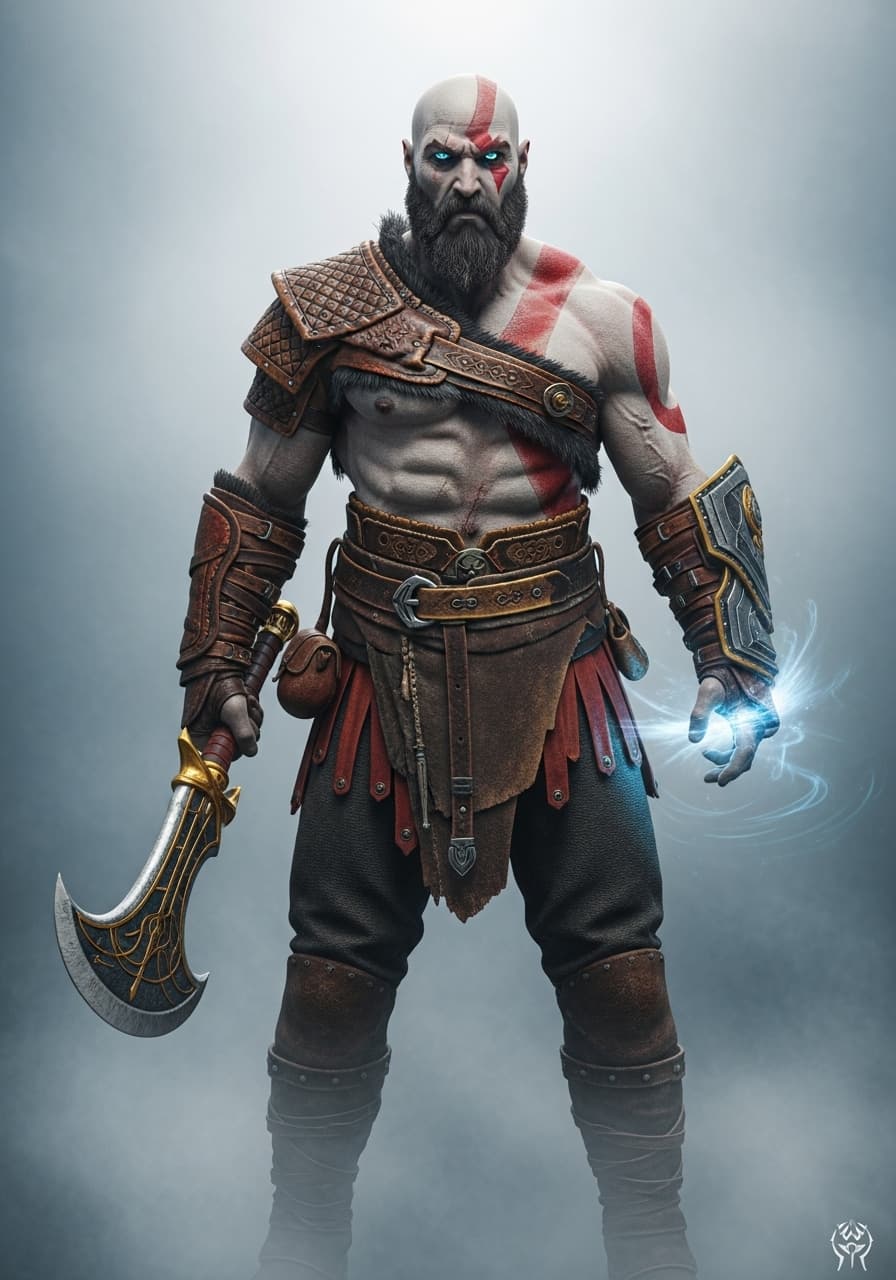 AI generated: Hyper realistic God of War character design, Kratos, void arcanist, mist, photorealistic, octane ren...