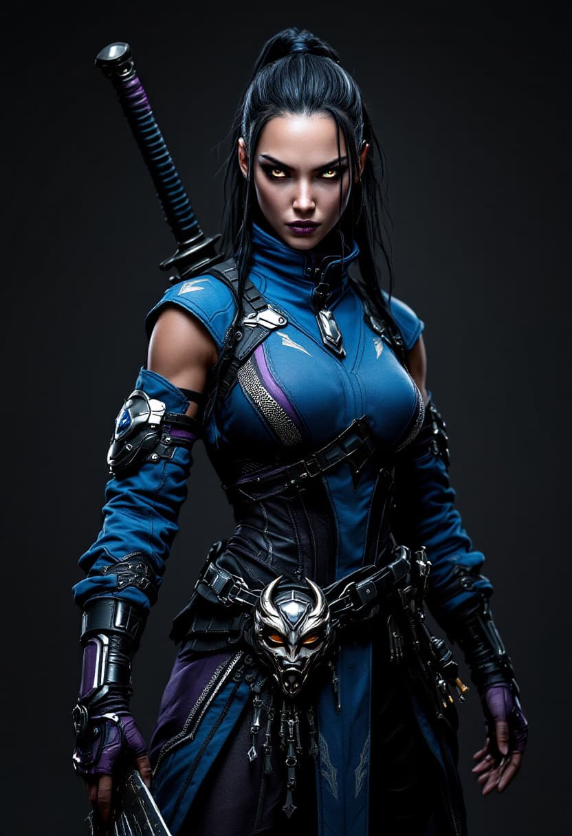 AI generated: Ultra-realistic cyberpunk Kitana,Mortal Kombat character,wearing an intricate warrior suit,blue with...