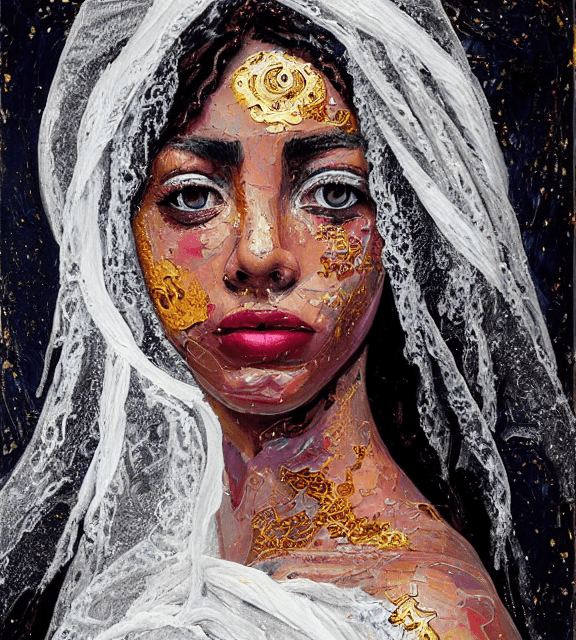 AI generated: Oil painting, high resolution 8k, Pollock master painter, Byzantine artwork, 
young black lady close...