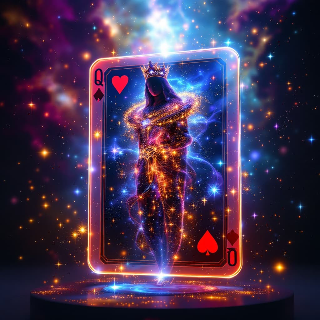 AI generated: The Queen of Hearts card transforms into a 3D hologram that appears to be made of cosmic energy. As ...