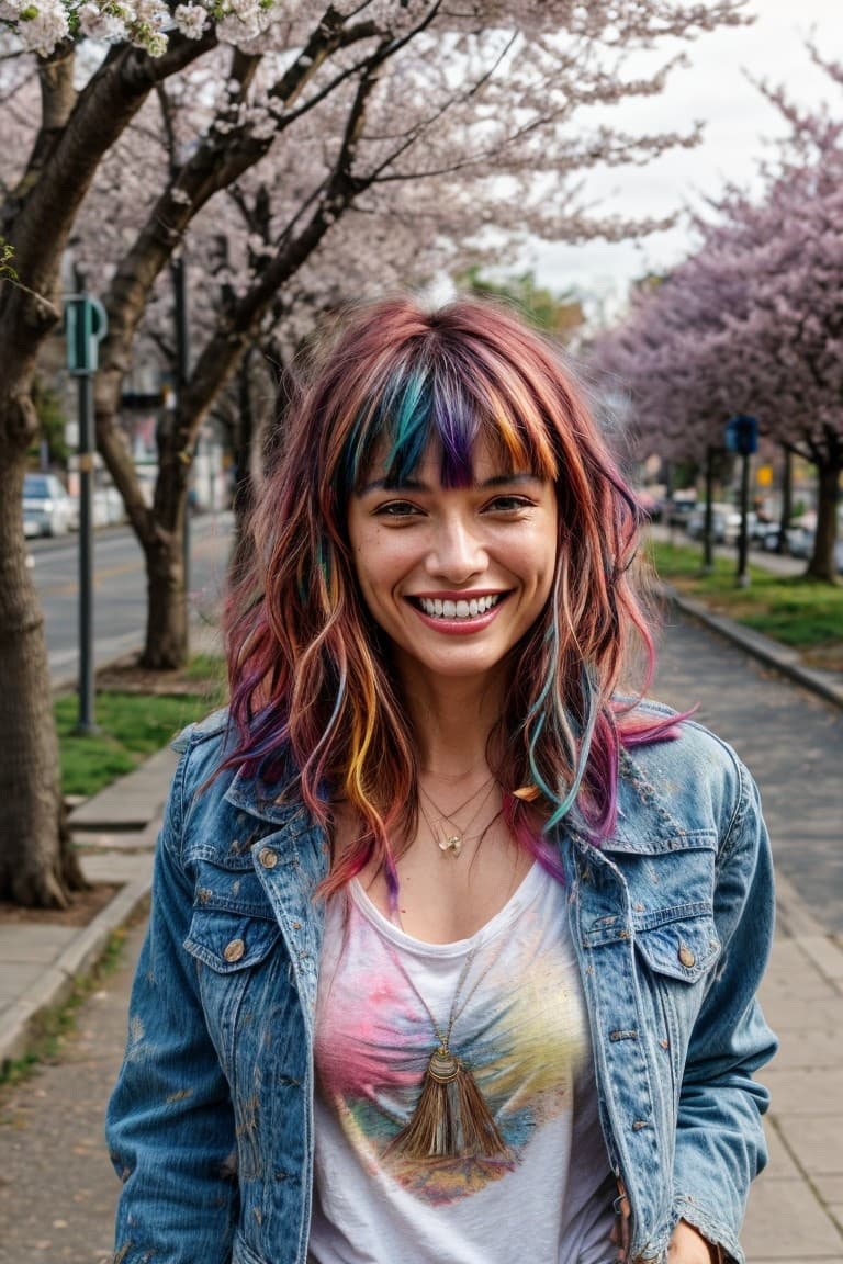 AI generated: bohemian girl walking towards viewer, ((smiling teeth showing)), ((messy colorful hair)), bangs, jea...
