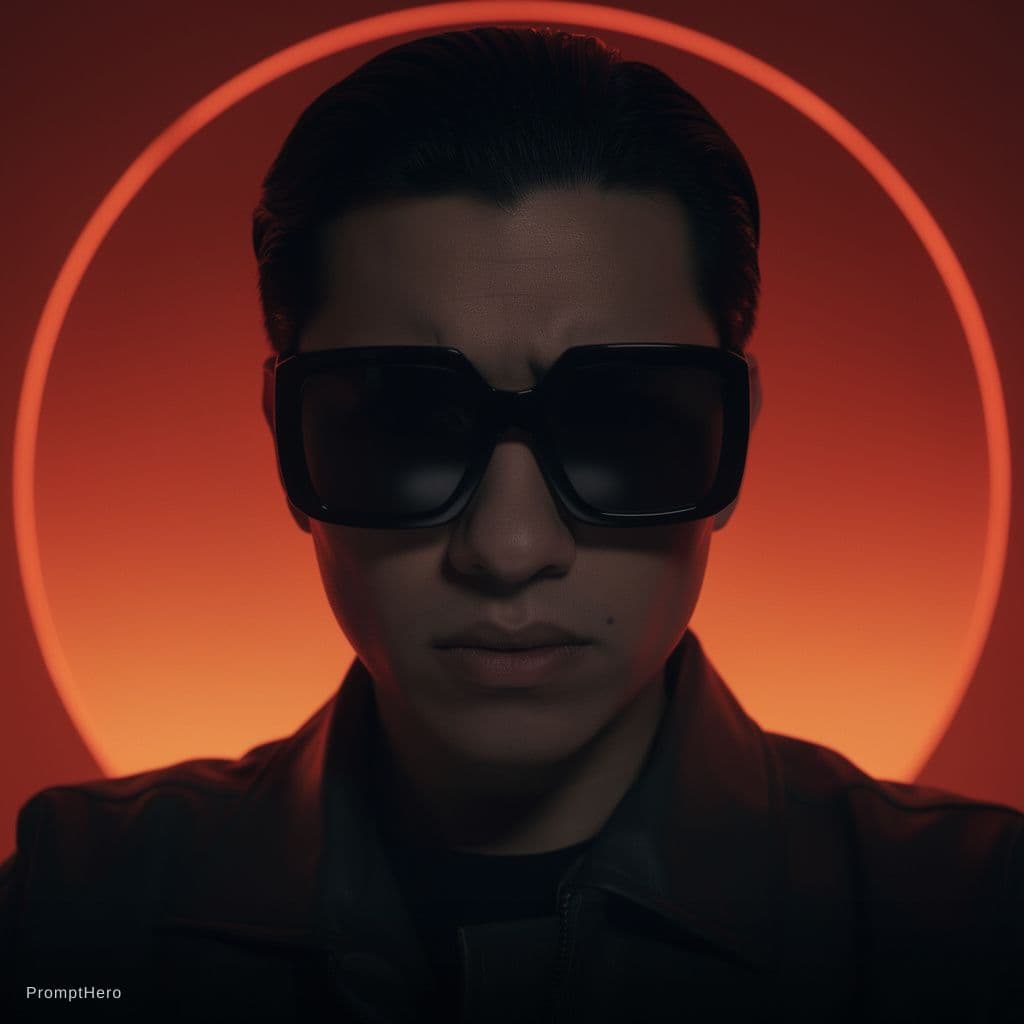 AI generated: A person with slicked-back dark hair wearing oversized square sunglasses is shown in a dramatic, cin...