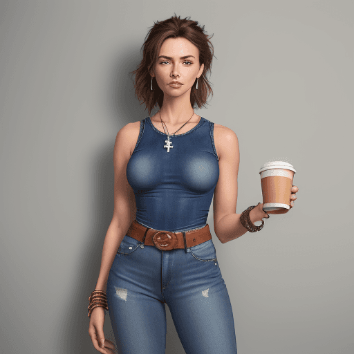 AI generated: A photorealistic image of a cross-dressed woman in a stylish denim ensemble. She wears a sleeveless,...