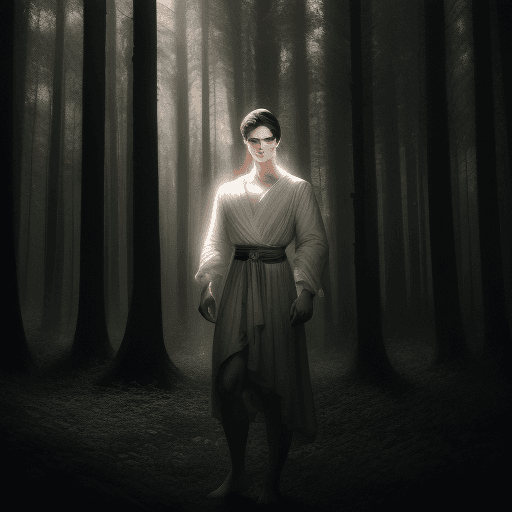 AI generated: mystical and beautiful woods, yung white boy, short dark hair, full body, strong body, young man, sh...
