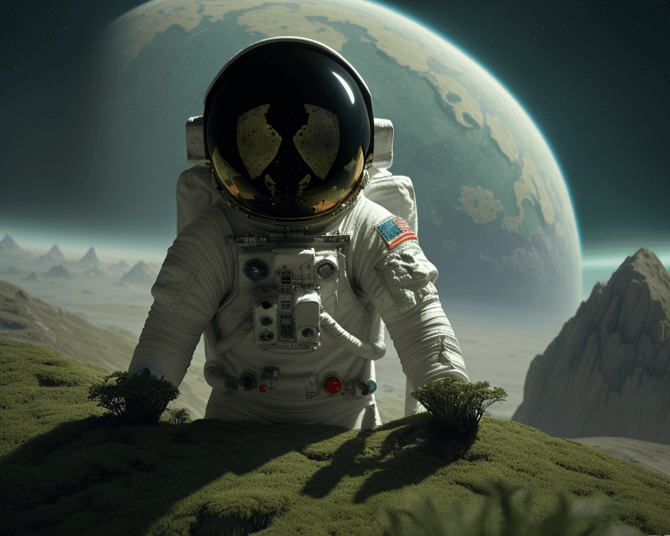 AI generated: illustration of astronaut on a verdant world, a masterpiece sci-fi atmospheric, highly detailed, sha...