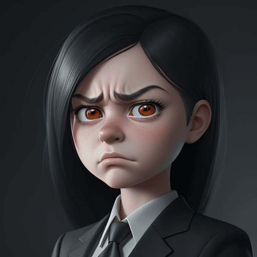 AI generated: a young girl in a business suit with a very angry expression, in the style of unreal engine 5, carto...