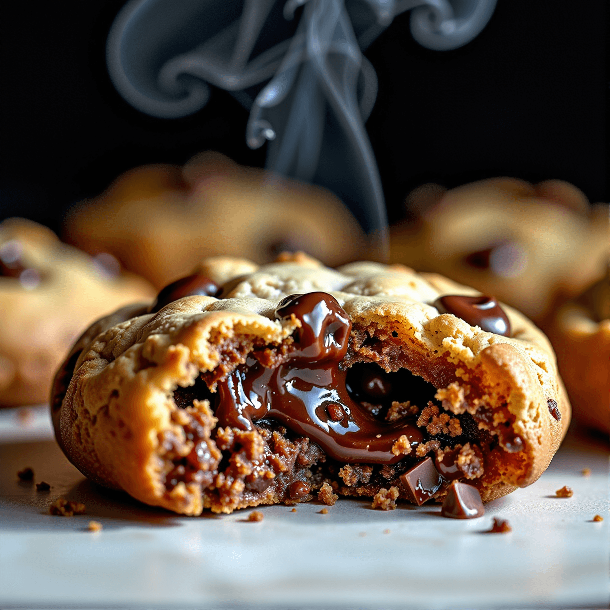 AI generated: A freshly baked cookie with melted chocolate pieces, warm from the oven, golden brown edges, soft ce...