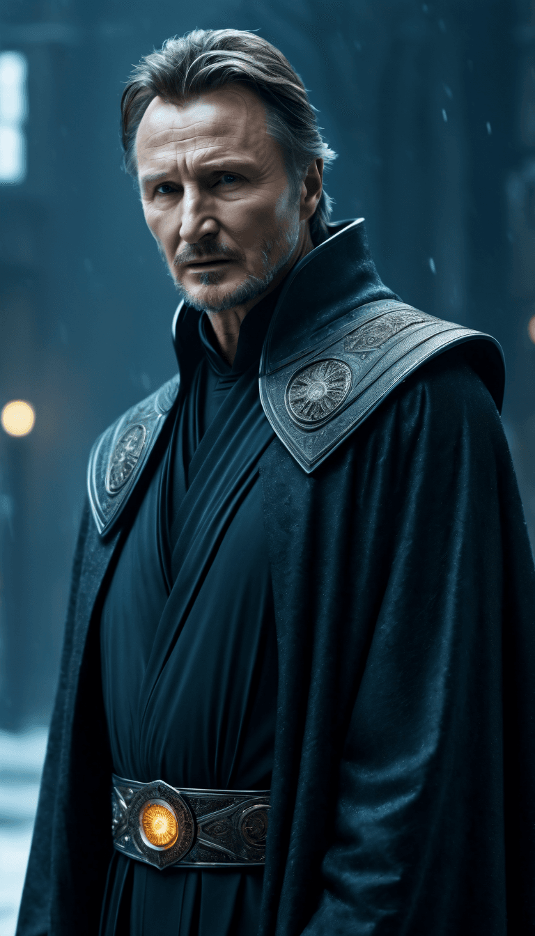 AI generated: In the chilling dystopian cityscape of a Cyberpunk future, Liam Neeson, a 70-year-old man with a com...