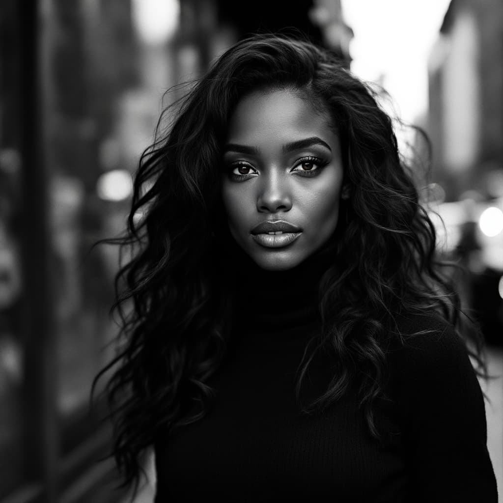 AI generated: A portrait of a beautiful  black woman in her thirties, shot on the streets of New York City in the ...
