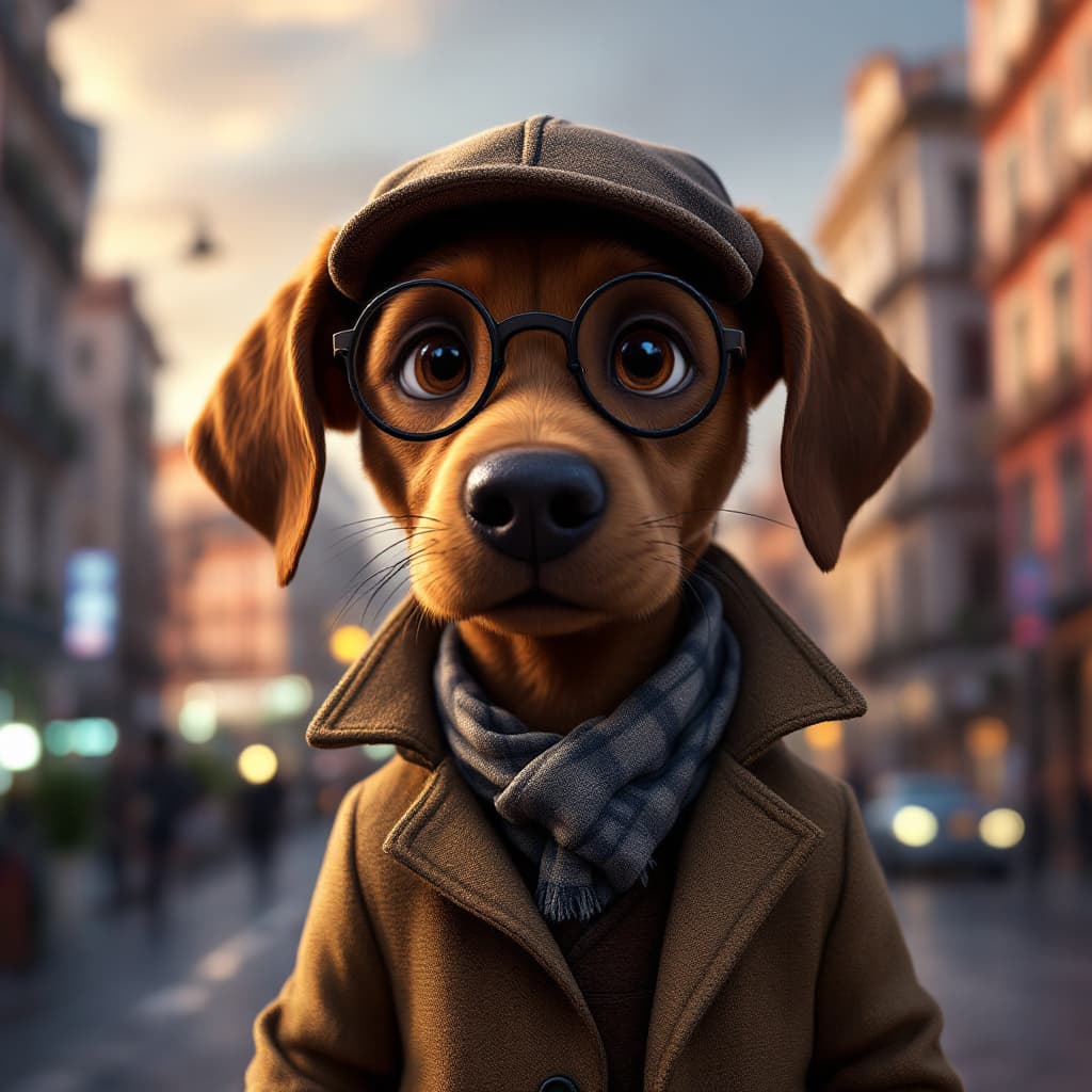 AI generated: cut little brown dog labrador cub dressed up as sherlock holmes, brown eyes, investigating a crime, ...