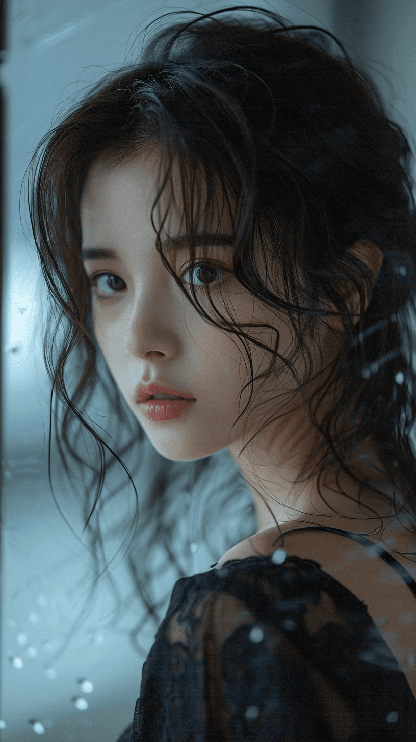 AI generated: a beautiful woman in front of a mirror, in the style of mote kei, dark gray and dark brown, dark bro...